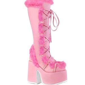 Demonia Pink Furry Lace-Up Platform Boots